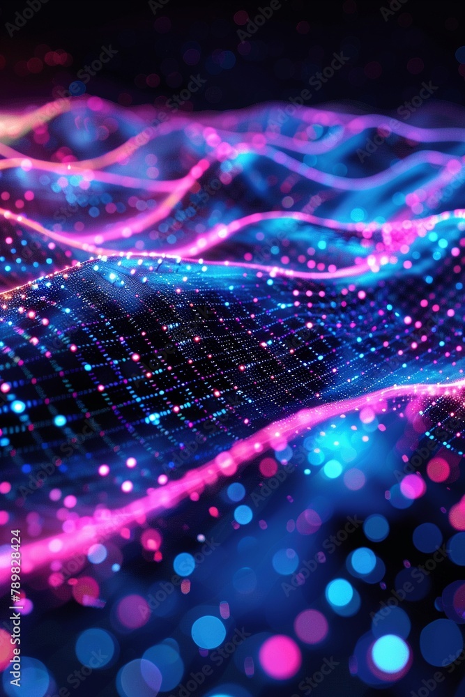 Fototapeta premium Abstract waves of glowing digital lines and dots, simulating an audio visualizer in hues of pink and blue against dark