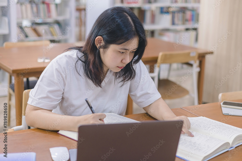 girl student study online with teacher, happy young woman with internet learning in library, distance education girl student study online with teacher, happy young woman with internet learning in library, distance education