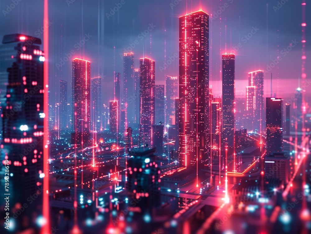 Cybernetic cityscape with highrise buildings emitting pulses of light, interconnected by data beams in neon colors