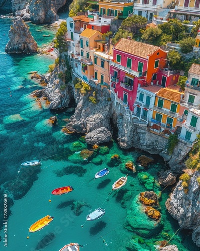 aerial view of Amalfi Coast, Italy, colorful houses on cliffside overlooking the Mediterranean Sea, sunny and vibrant