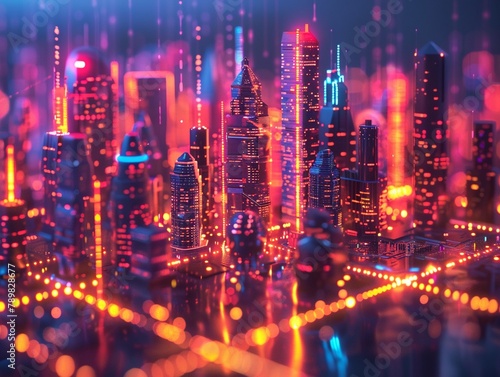 Cybernetic cityscape with highrise buildings emitting pulses of light, interconnected by data beams in neon colors