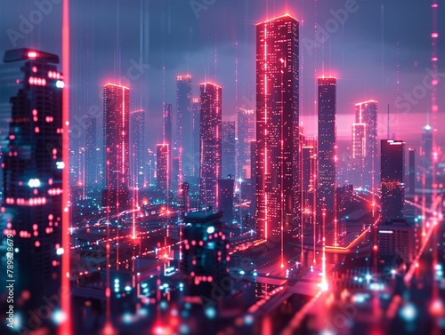 Cybernetic cityscape with highrise buildings emitting pulses of light, interconnected by data beams in neon colors