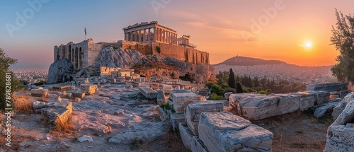 documentary photography of the Acropolis of Athens, historic ruins at sunrise, inspiring and wonder, stock photo