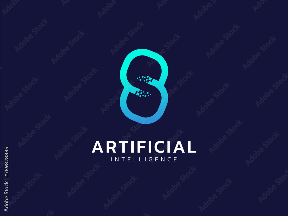 Fototapeta premium Artificial intelligence with letter s twisted infinity technology Analysis logo vector design concept. AI technology logotype symbol for advance technology, tech company, ui, online network, new tech.