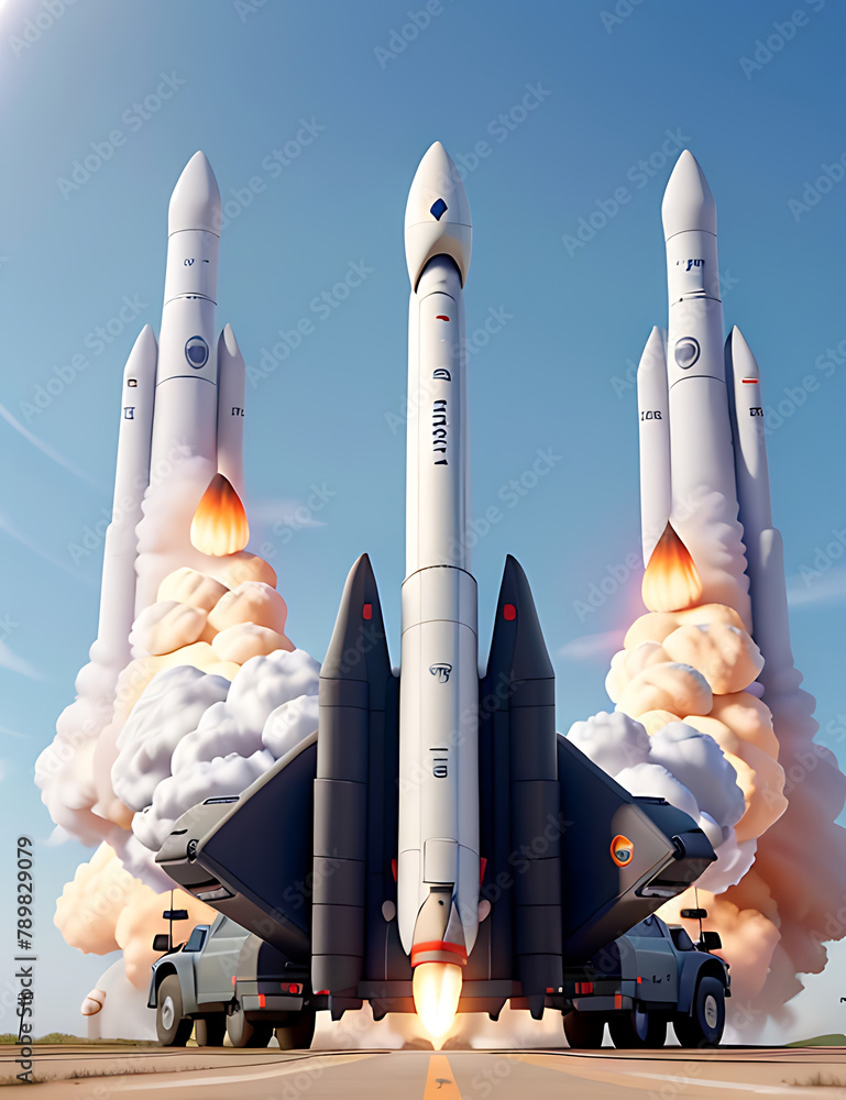 Naklejka premium A Rocket Launch from a Mobile Platform vehicle. Hypersonic Missile Launch with Smoke and Fire. Military Defense System. Hypersonic missiles, Missile defense systems, launch