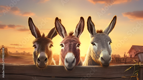 three donkeys are peeping out behind the wooden wall on a sunset background © Abdullah
