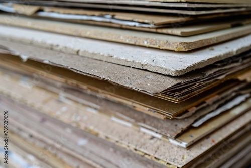 Stack of assorted old and used chipboards ready for recycling.