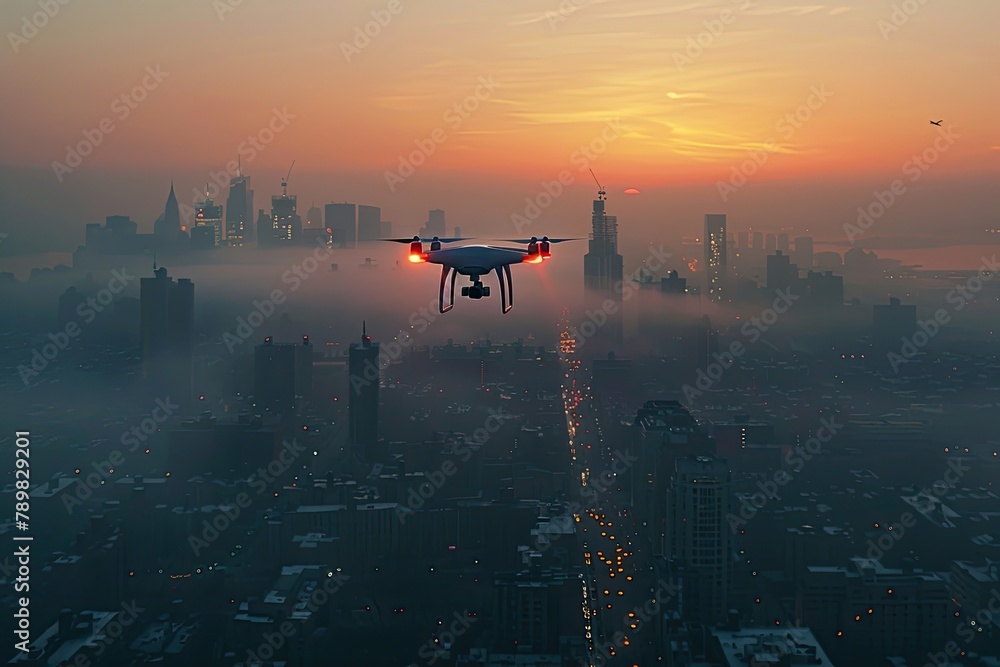 A drone with infrared illumination over the night city. A drone with infrared illumination over the night city.