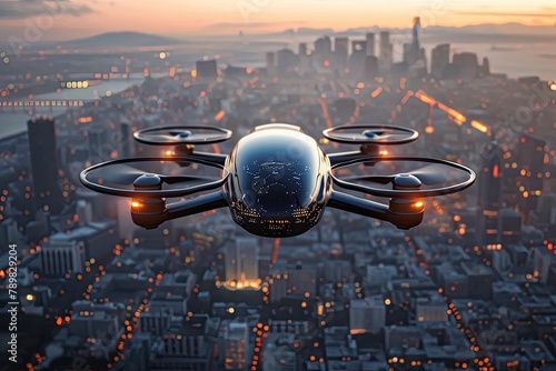 An unmanned aerial vehicle with four propellers over a huge city.