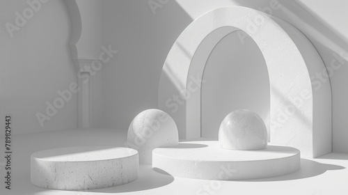 White room with white archway and three white spheres