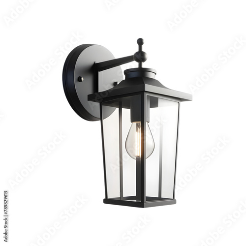 A classic outdoor wall lantern with a sleek black finish. The lantern is clear glass panels through which a visible light bulb