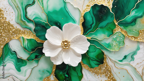 flower marble texture with abstract green, white, glitter and gold background alcohol ink color.