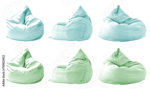 2 Collection set of pastel green turquoise blue plain beanbag bean bag seat chair, front side view on transparent cutout, PNG file. Many angle. Mockup template for design © Sandra Chia