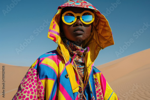 Portrait of black female model in colorful futuristic jacket on monochromatic desert sand dunes © boxstock production