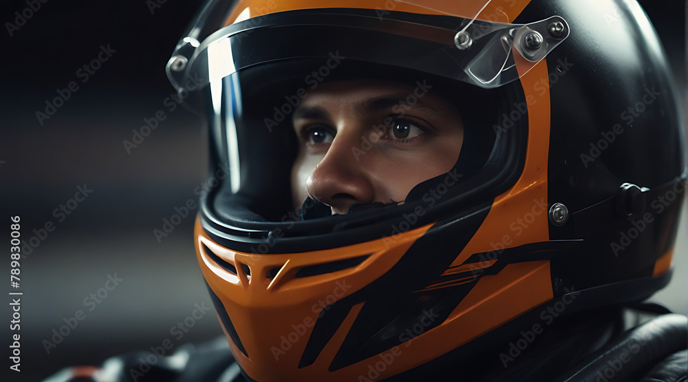 Closeup of A Racer in a helmet driving a car on the track. fully covered face, visible shining eye, orange helmet