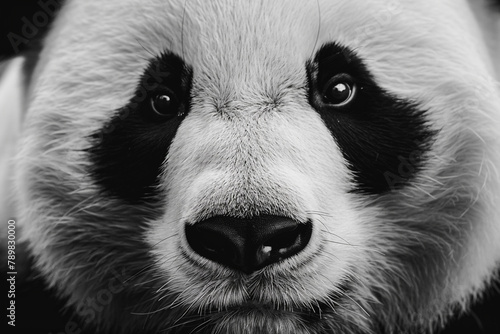 Detailed close-up of a minimalist black and white panda face on a white surface, capturing its elegance and grace.