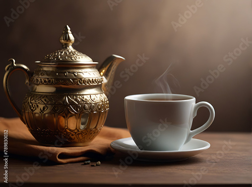 Indian Chai or Tea in a cup placed on a table with Isolated Indian Background with copy space, Hot Tea, simple 