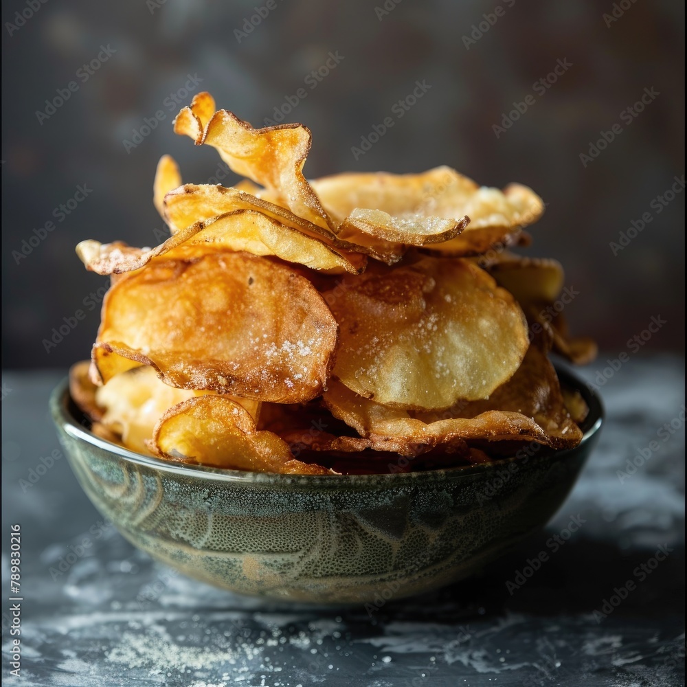 Freshly fried potato chips stacked high in a bowl