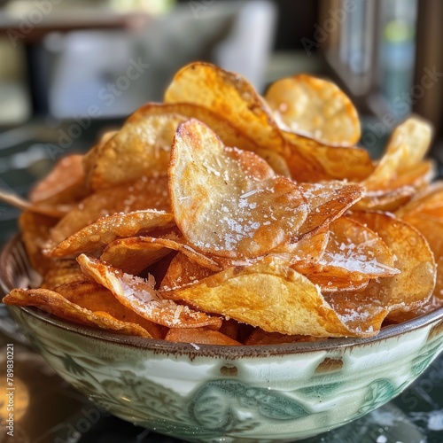 Freshly fried potato chips stacked high in a bowl