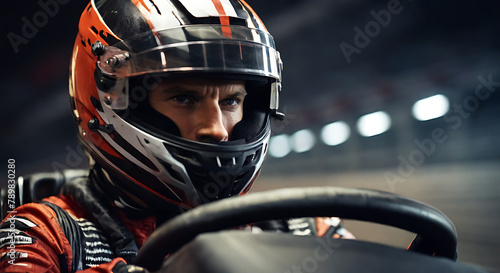 Closeup of A Racer in a helmet driving a car on the track. fully covered face, visible shining eye, black helmet © Prateek