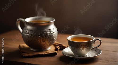 Indian Chai or Tea in a cup placed on a table with Isolated Indian Background with copy space, Hot Tea, Indian chai 