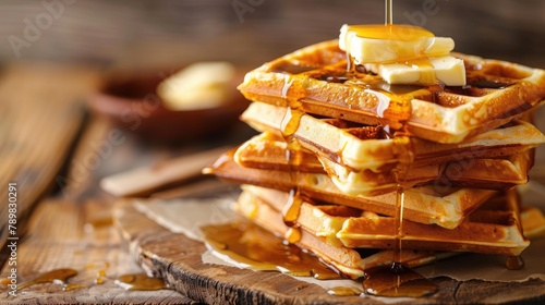 A stack of crispy waffles topped with syrup and butter photo