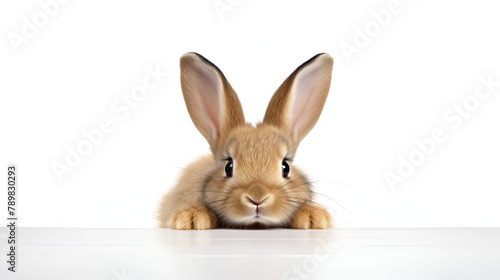 a cute and furry brown rabbit peeping out photography on a white background