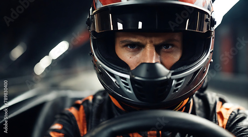 Closeup of A Racer in a helmet driving a car on the track. fully covered face, visible shining eye, action