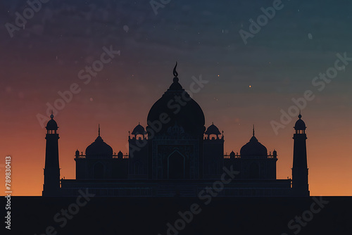 Illustration of a silhouette of a hindu mandir or Mandir with minarets against dusk with a beautiful abstract background, giant 