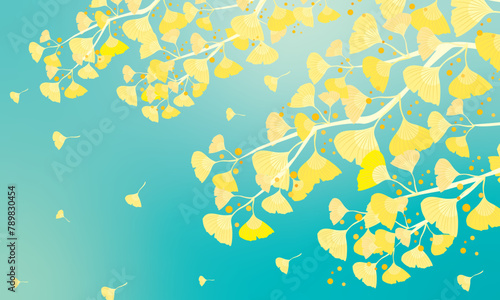 Abstract ginkgo branches background. Hand painted leaves, watercolor, texture, botanical leaves hand drawn in warm colors.