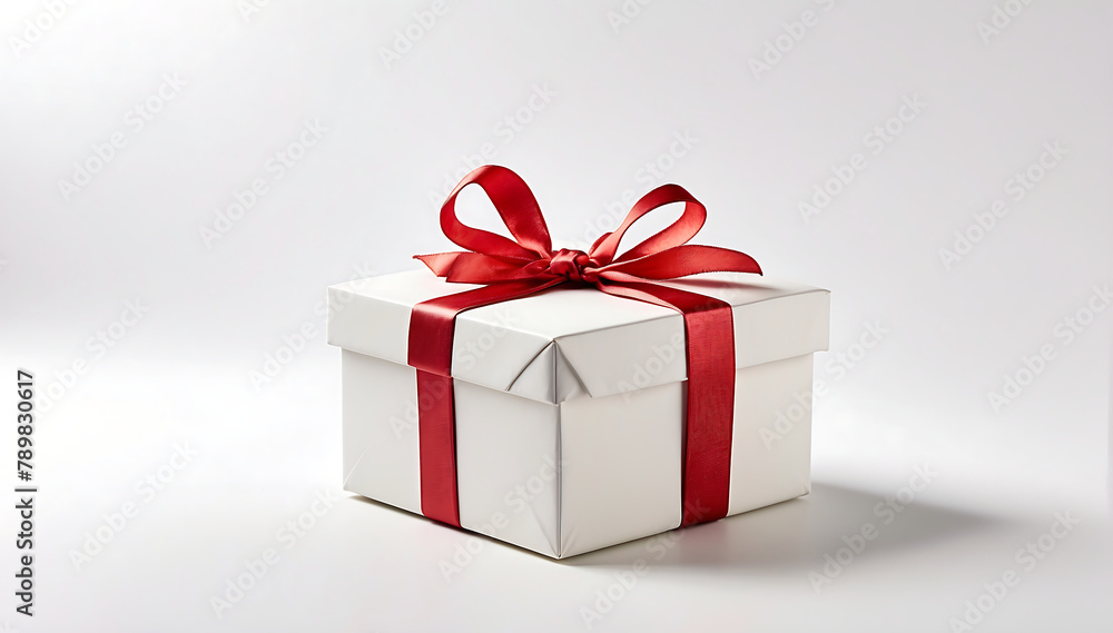 A gift box isolated on a white background , with copy space and a ribbon, centred A gift box isolated on a white background , with copy space and a ribbon, centred