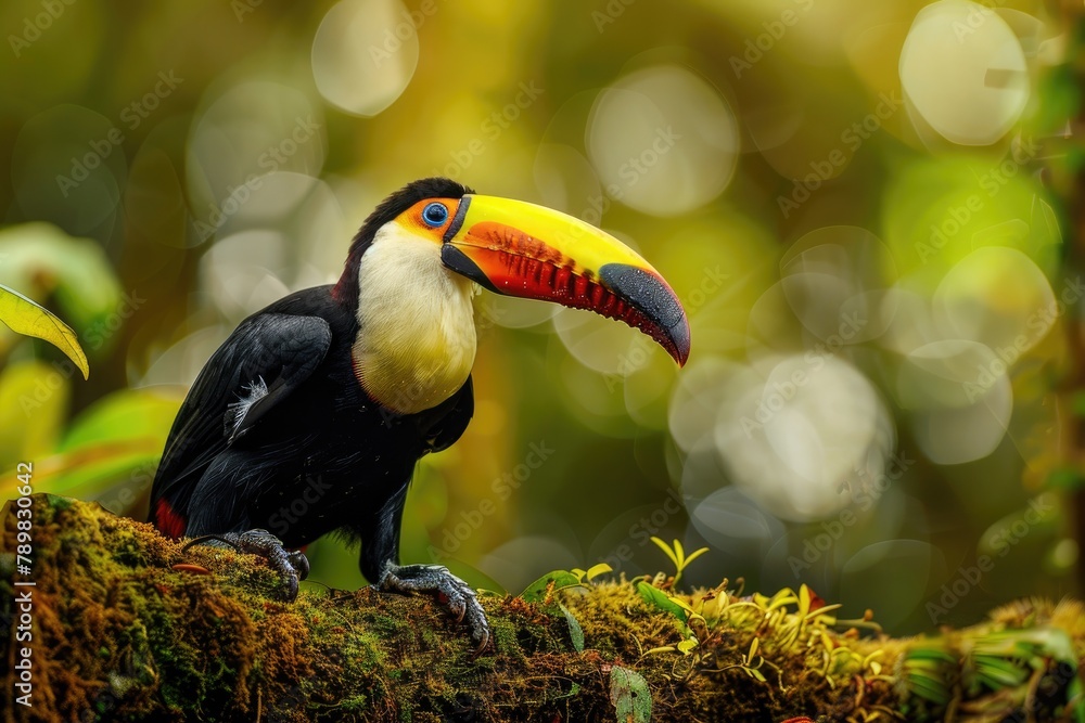 Obraz premium a hornbill or toucan bird on branch of tree in forest 