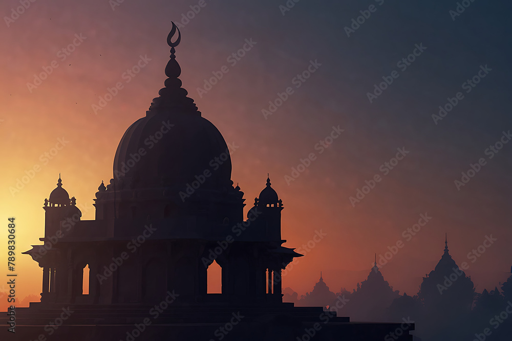 Illustration of a silhouette of a hindu mandir or Mandir with minarets against dusk with a beautiful abstract background, sunrise
