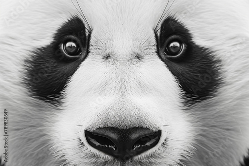 Detailed close-up of a minimalist black and white panda face on a white surface, captured with clarity and precision.