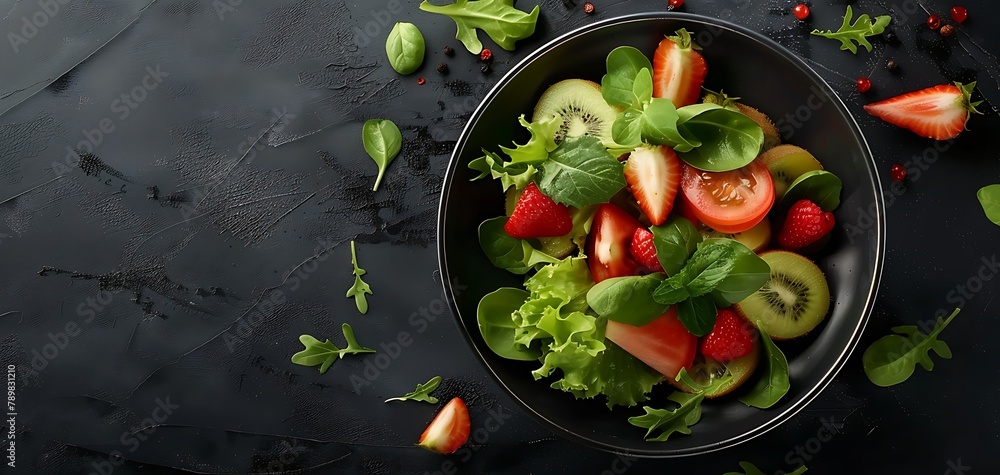 a bowl of healthy fresh fruit with salad leaves isolated on dark background a bowl of healthy fresh fruit with salad leaves isolated on dark background