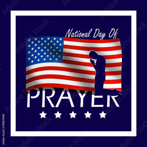 National Day of Prayer event banner. A flying American flag with an illustration of someone praying, with bold text in frame on dark blue background to celebrate on May 2nd