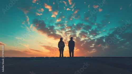 Silhouette of a couple standing together watching a dramatic sunset with clouds. Romantic and travel concept