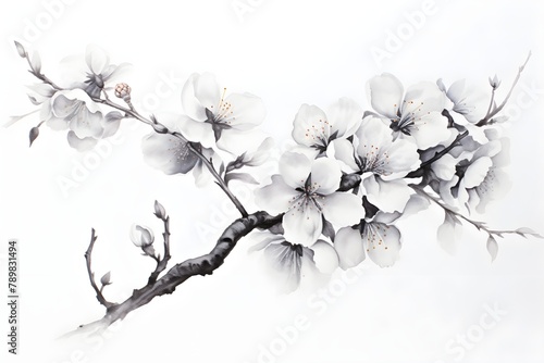 Detailed ink drawing of a Japanese Sakura branch of cherry tree on white background  invitation  banner wallpaper  minimal  black and white hand drawn