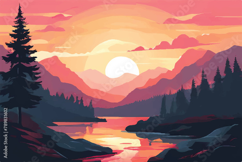 Beautiful Sunset in mountains. Vector Background. Sunset in the mountains.  image of a sunset  the dawn sun over the mountains in the background and a thick forest down to the valley in the foreground