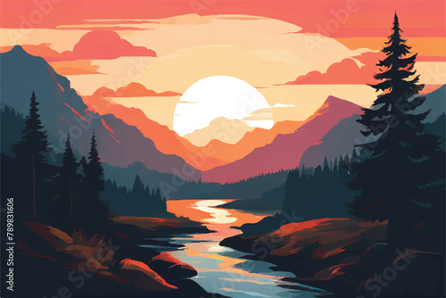 Beautiful Sunset in mountains. Vector Background. Sunset in the mountains. image of a sunset, the dawn sun over the mountains in the background and a thick forest down to the valley in the foreground
