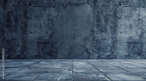 Empty concrete room with distressed blue walls and tiled floor. Interior design and architecture concept