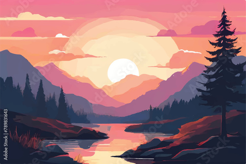 Beautiful Sunset in mountains. Vector Background. Sunset in the mountains.  image of a sunset  the dawn sun over the mountains in the background and a thick forest down to the valley in the foreground