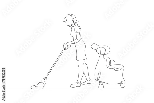 The cleaning lady washes the floor. Cleaning the premises. A woman with a mop in her hands. One continuous line . Line art. Minimal single line.White background. One line drawing. 