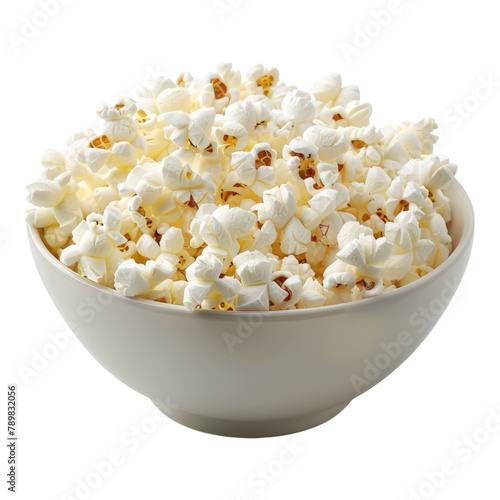 A bowl of fluffy white popcorn isolated on transparent background