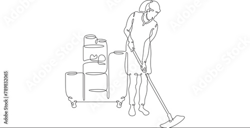 The cleaning lady washes the floor. Cleaning the premises. A woman with a mop in her hands. One continuous line . Line art. Minimal single line.White background. One line drawing. 