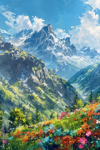 Digital painting for mountain and flowers, cloud, generative AI