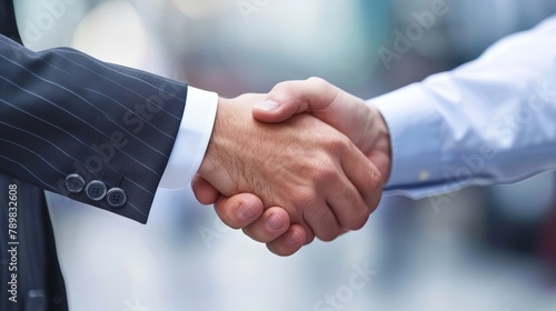 Business handshake on abstract city background. Partnership and agreement concept with corporate businesspeople for design and print.