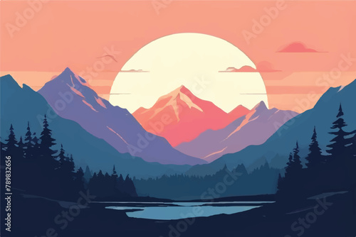 Beautiful Sunset in mountains. Vector Background. Sunset in the mountains.  image of a sunset, the dawn sun over the mountains in the background and a thick forest down to the valley in the foreground © Usama