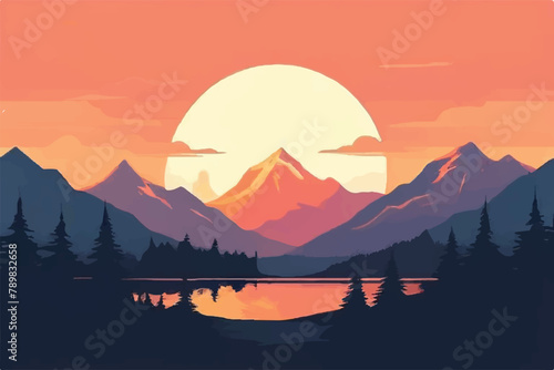 Beautiful Sunset in mountains. Vector Background. Sunset in the mountains.  image of a sunset, the dawn sun over the mountains in the background and a thick forest down to the valley in the foreground © Usama