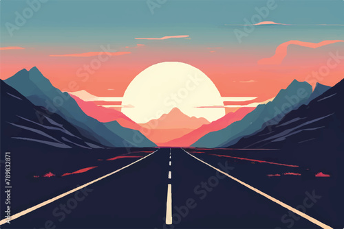 Road leading to Mountains with view of beautiful sunset. Vector background. Nature landscape. Sunset in the mountains. 